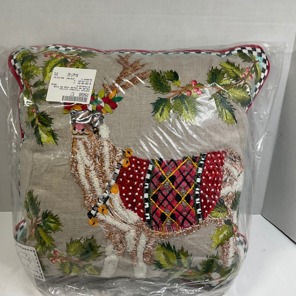 MacKenzie-Childs Santas Reindeer Pillow Embroidered Courtly Check Holiday NEW